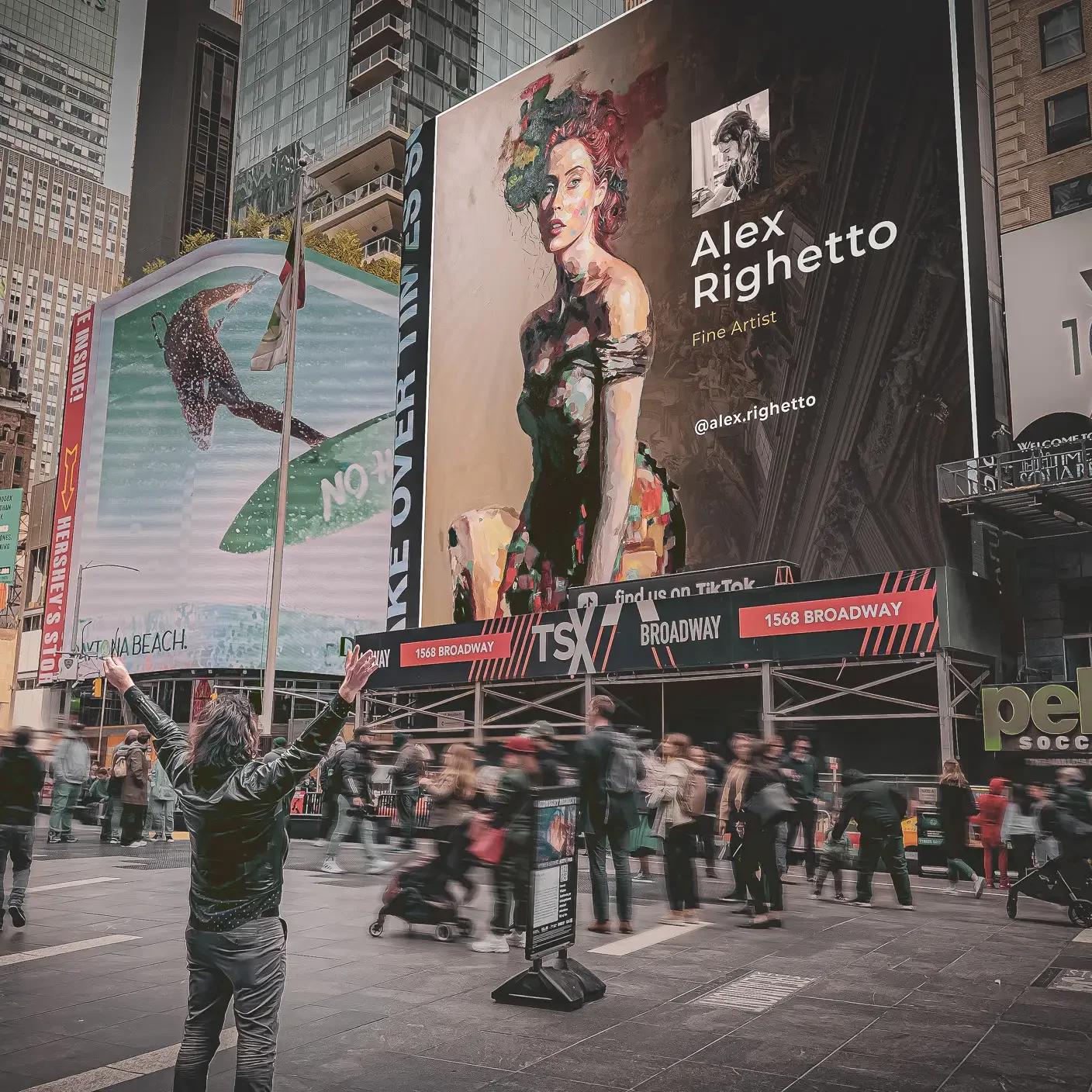 Image of Alex Righetto presenting 'The Daughter of Mona Lisa' in Times Square, a vibrant artwork.
